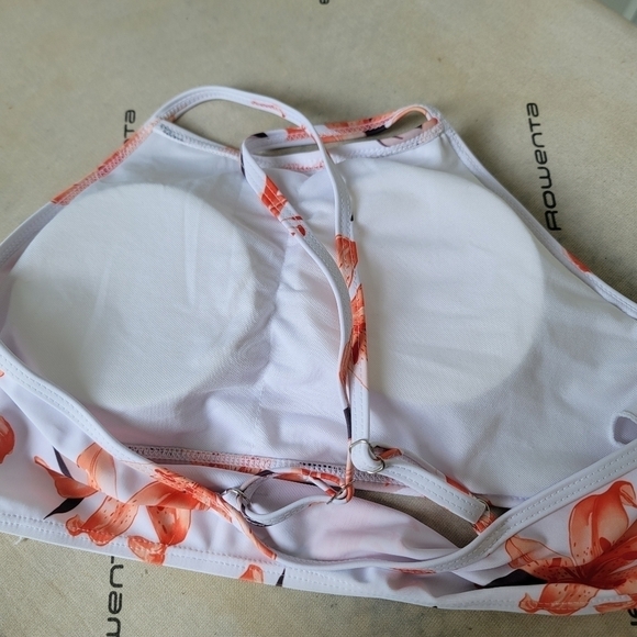 NwOT Shein Orange White Floral Print Swim Top High Neck Strap Sz Large L - Picture 11 of 11